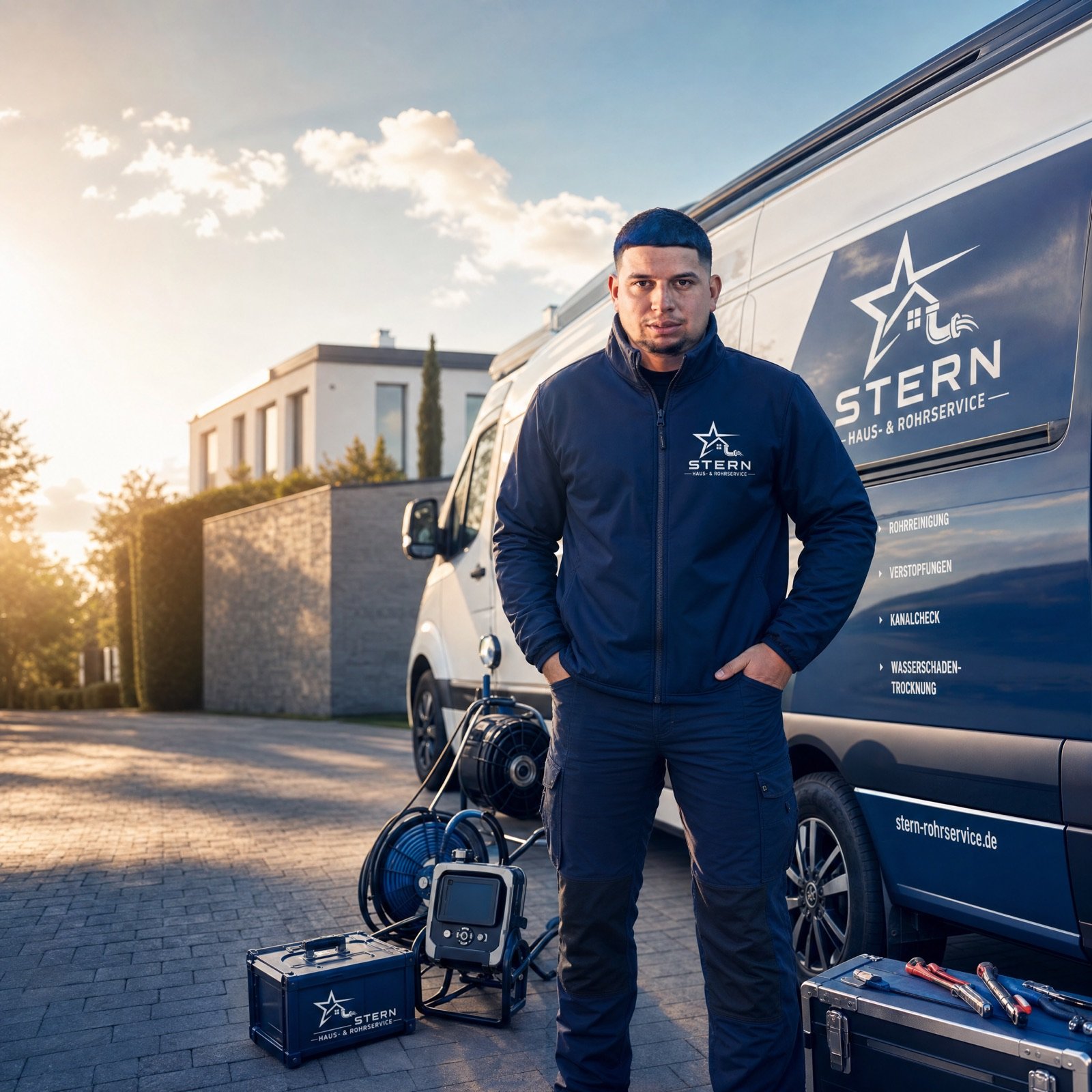 Techniker von Stern Haus- & Rohrservice vor dem Einsatzfahrzeug mit Rohrreinigungstechnik